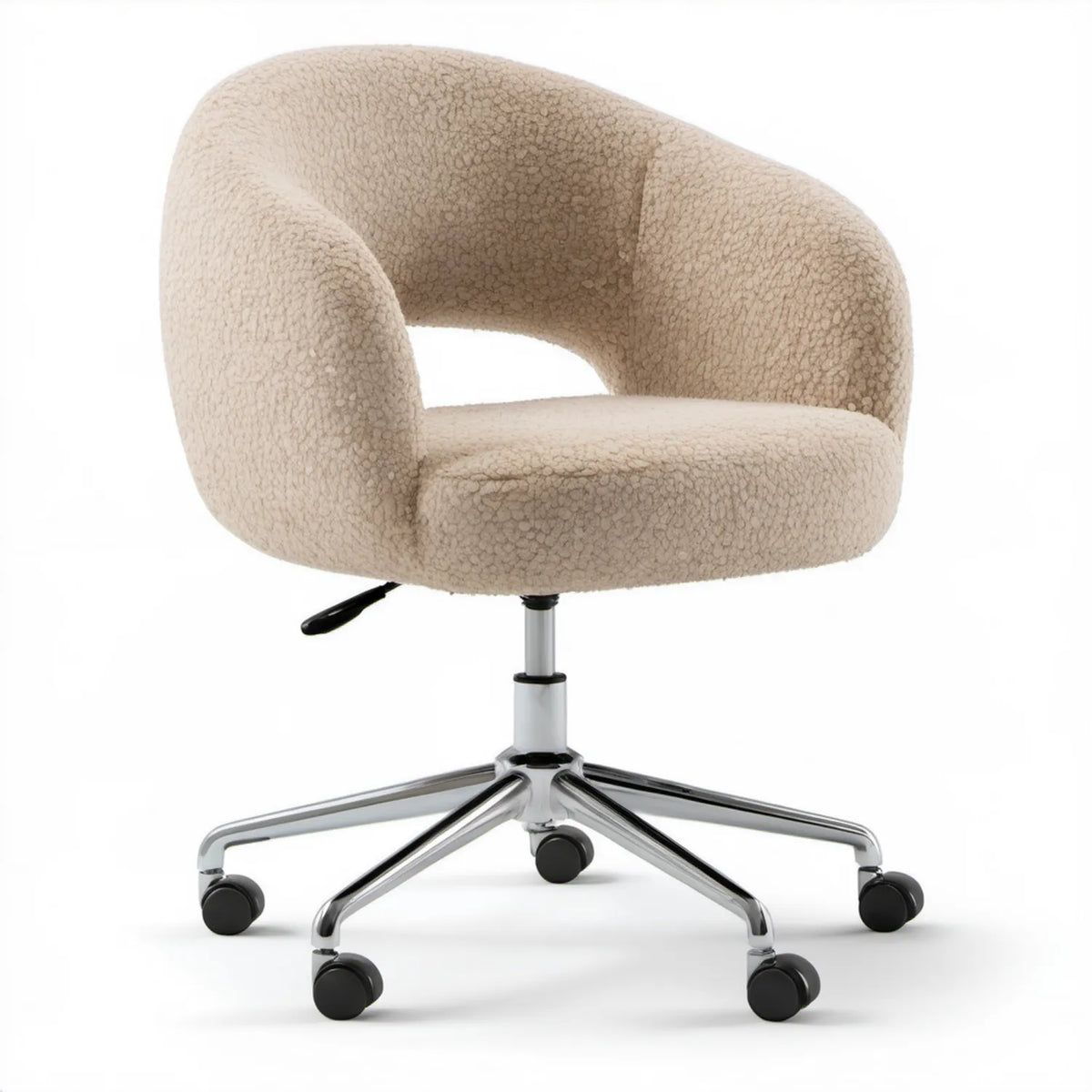 Beżowy obrotowy fotel biurowy z tkaniny bouclé, 60 x 60 x 82–92 cm