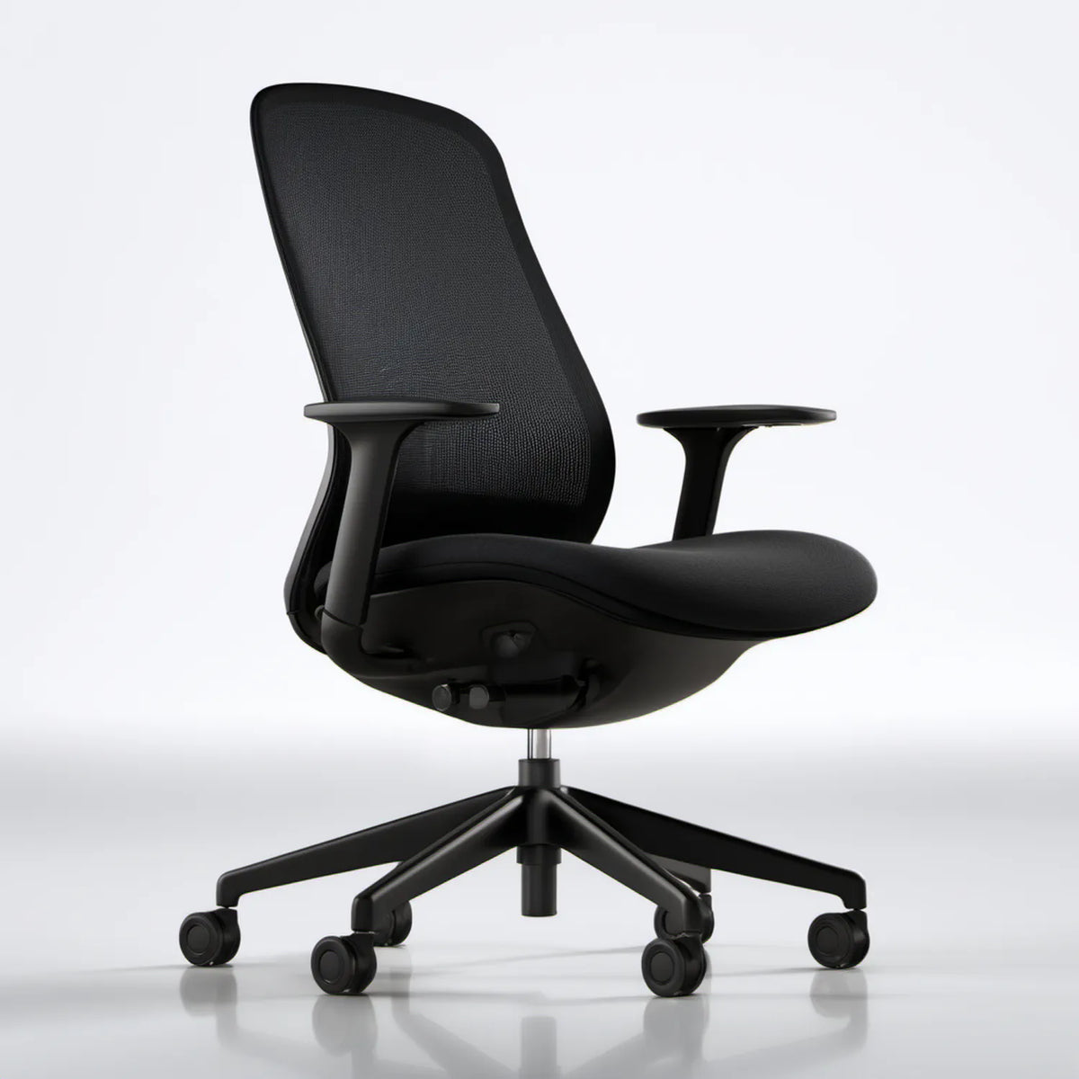 Ergonomiczne czarne krzesło obrotowe z siatkowym oparciem, 64 x 64 x 115–125 cm