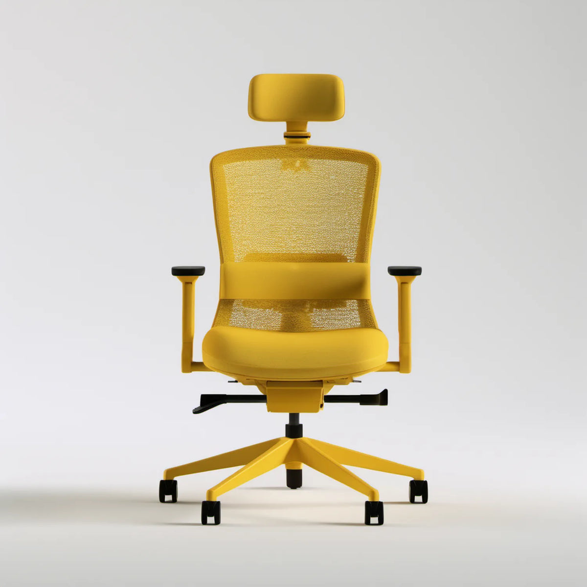 Ergonomiczne krzesło biurowe obrotowe z siatkowym oparciem, zagłówkiem i podłokietnikami, żółto-czarne, 65 x 65 x 118–128 cm