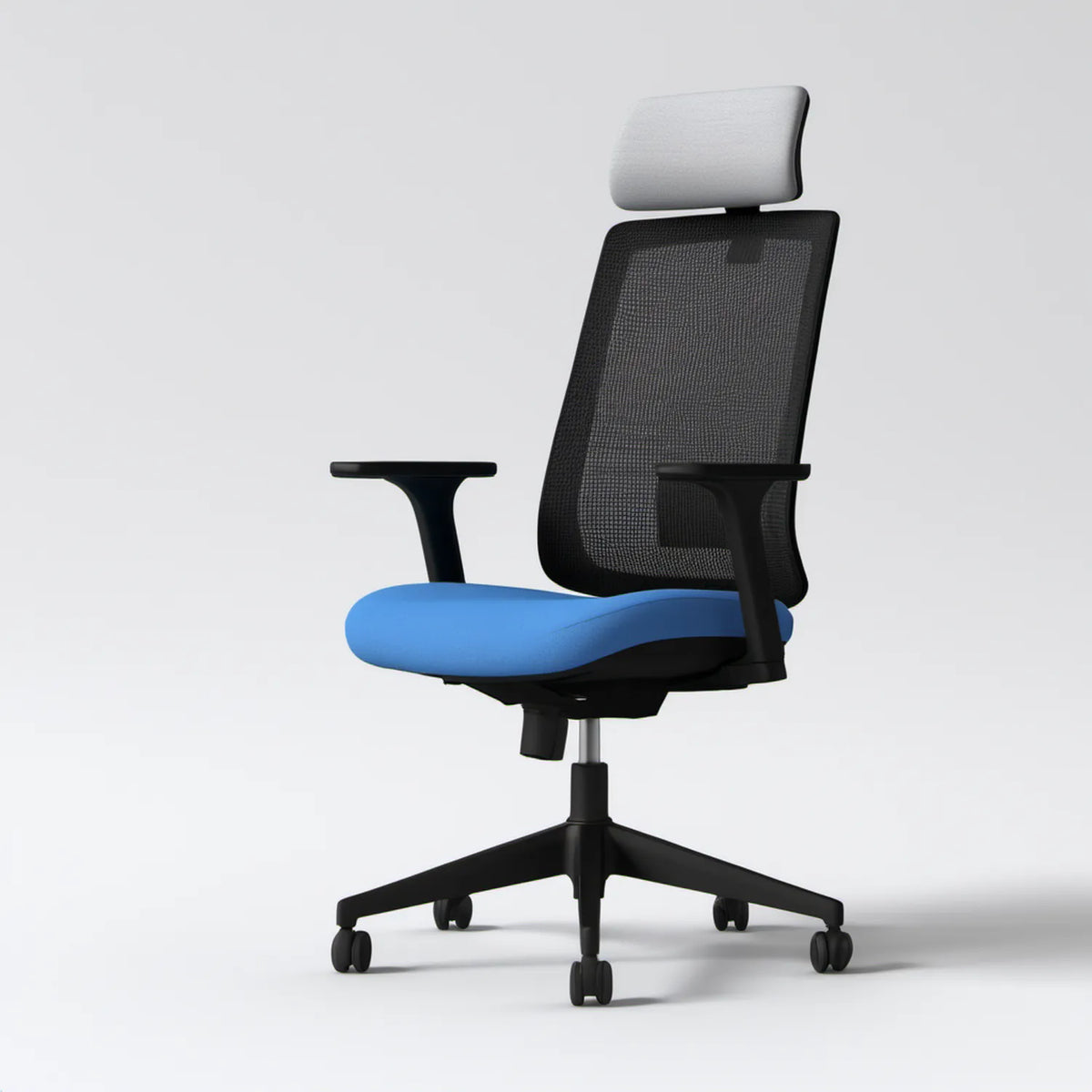 Ergonomiczne krzesło biurowe obrotowe z siatkowym oparciem i zagłówkiem, niebiesko-czarno-jasnoszare, 64 x 64 x 117–127 cm